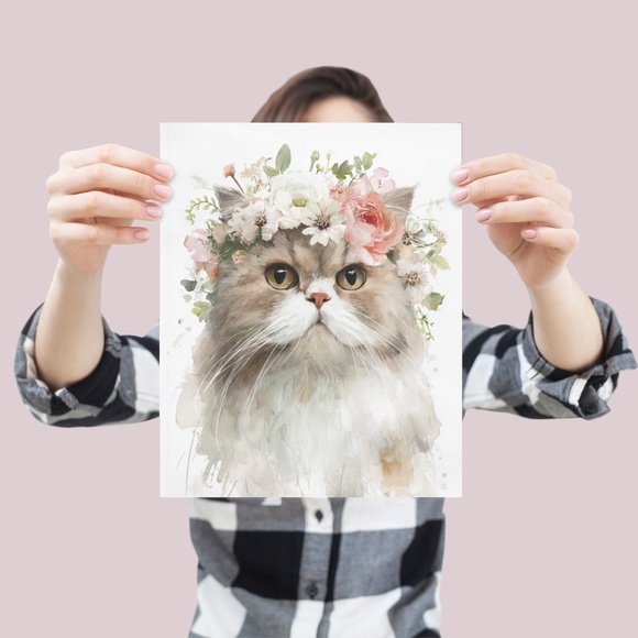 Watercolor Ragdoll Cat with Flower Crown Wall Art Print Unframed - Picture 4 of 7